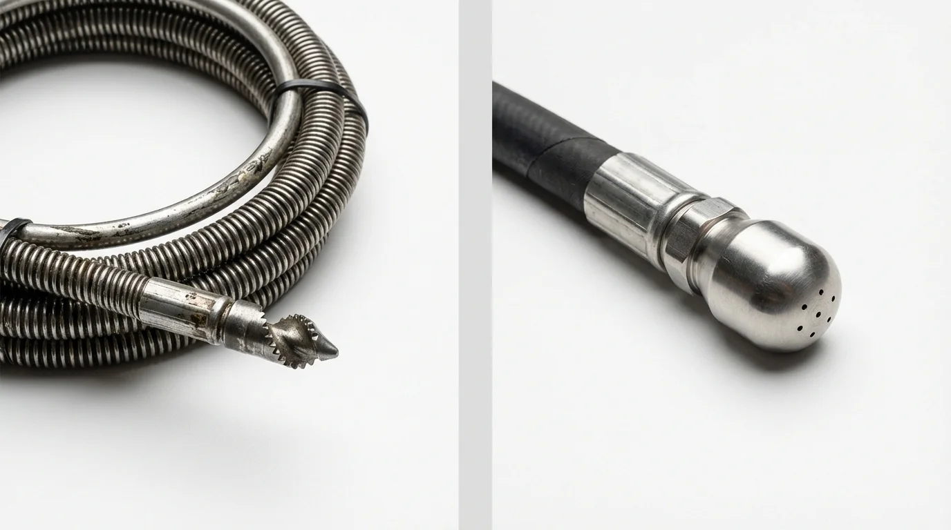 Drain snake cable and hydro jetting nozzle used for drain cleaning in Newton, NJ