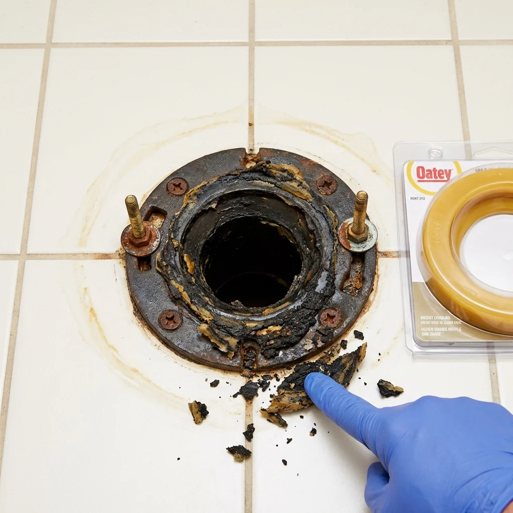 Failed wax ring showing water seepage at the base of a toilet in a Newton, NJ home