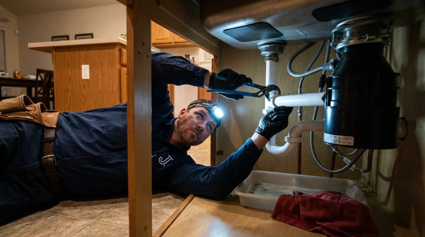 P-trap and supply line connections under a kitchen sink showing a common leak point in Newton, NJ